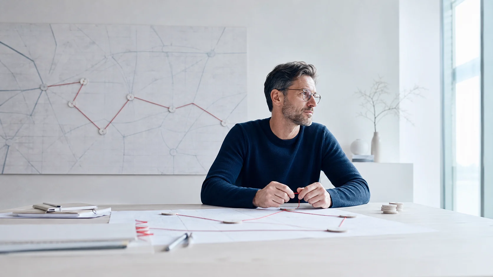 Systems architect planning remote access routes in a bright studio